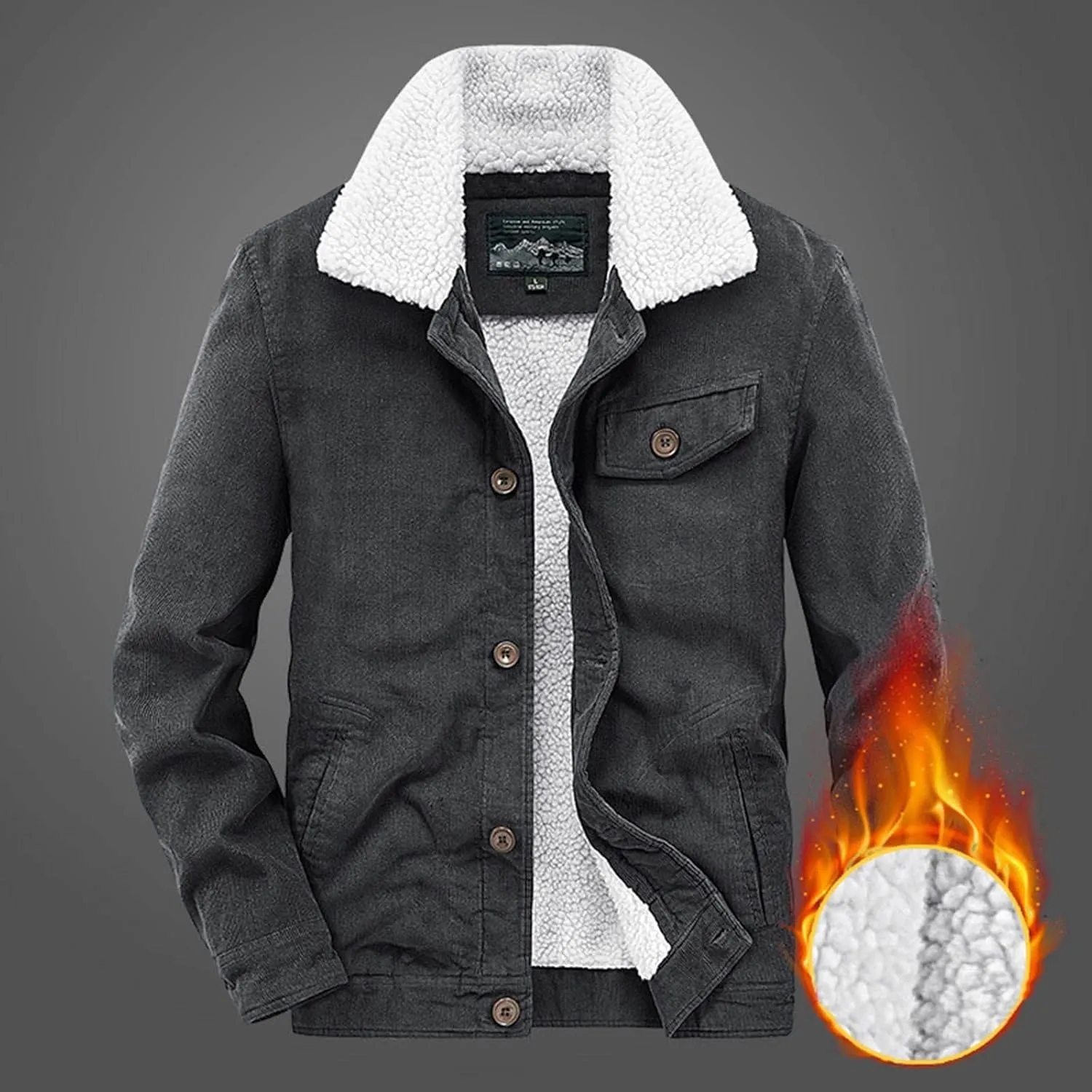 Mens Corduroy Jacket Sherpa Lined Fleece Trucker Jackets Cotton Turn-Down Collar Jacket Warm Winter Soft Coat Outwear
