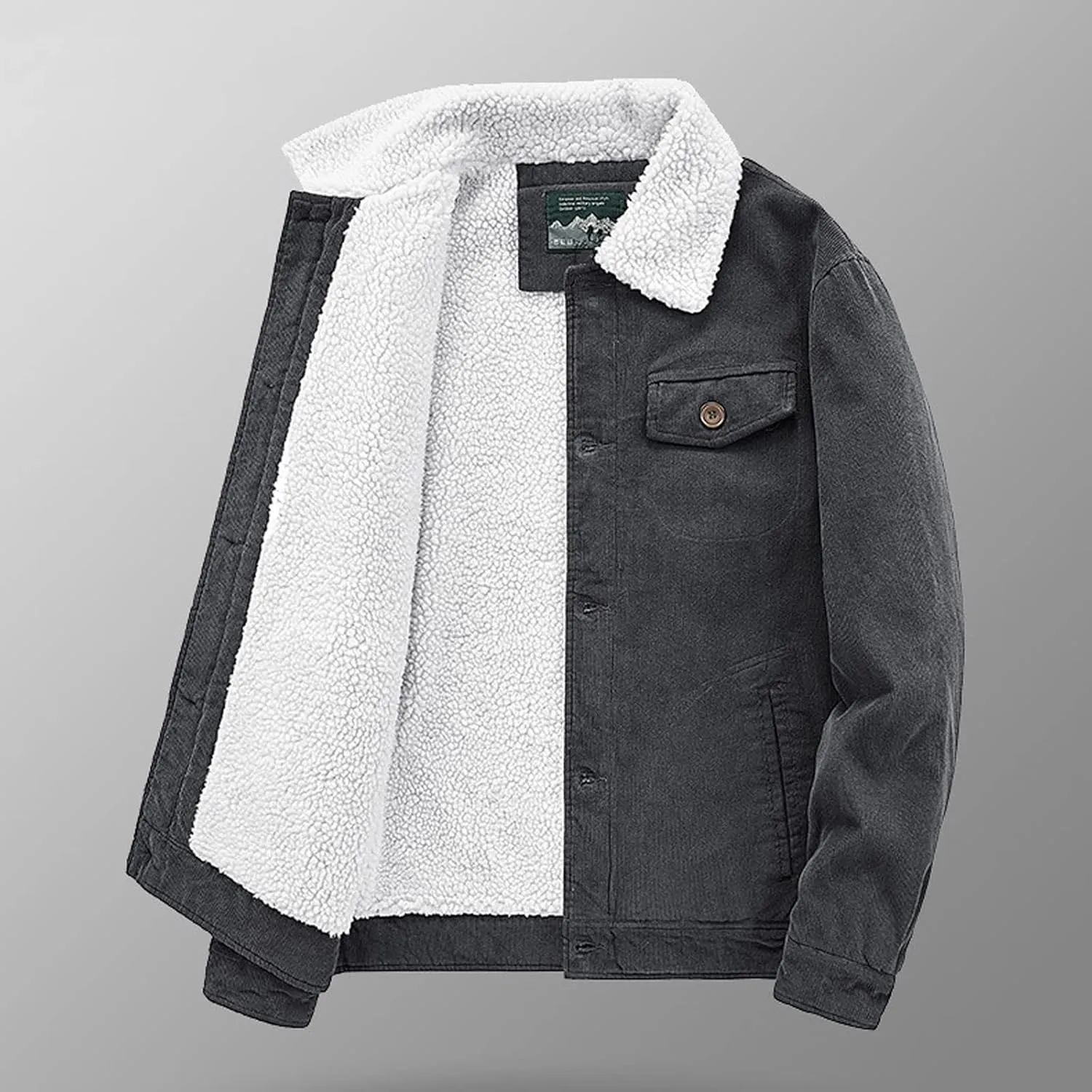 Mens Corduroy Jacket Sherpa Lined Fleece Trucker Jackets Cotton Turn-Down Collar Jacket Warm Winter Soft Coat Outwear