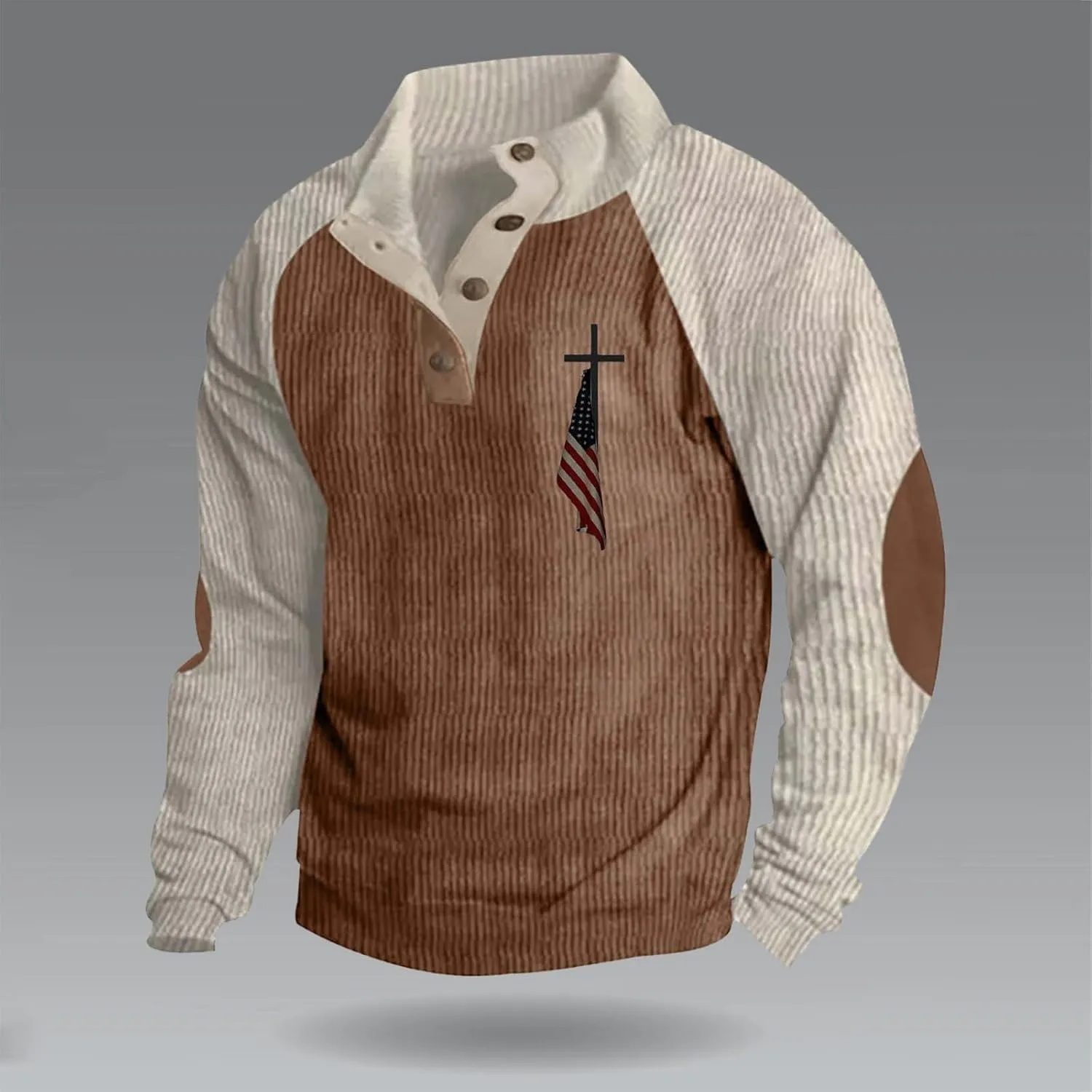 Mens Corduroy Sweatshirt Button Pullover Oversized Hoodies Long Sleeve Sweatshirts American Flag Graphic 2024 Hoodie