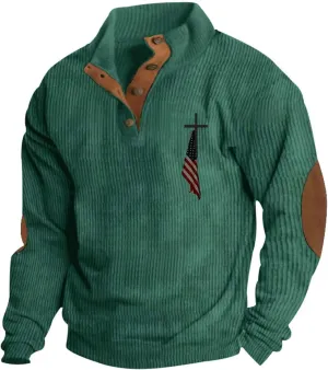 Mens Corduroy Sweatshirt Button Pullover Oversized Hoodies Long Sleeve Sweatshirts American Flag Graphic 2024 Hoodie