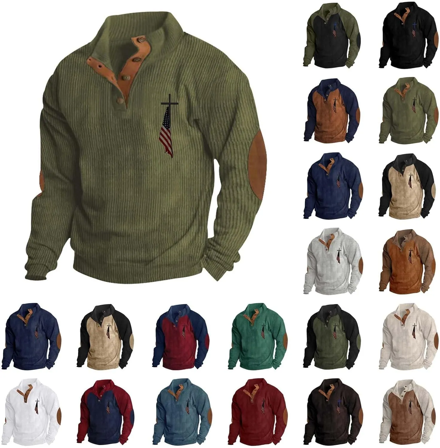 Mens Corduroy Sweatshirt Button Pullover Oversized Hoodies Long Sleeve Sweatshirts American Flag Graphic 2024 Hoodie