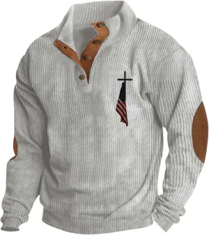 Mens Corduroy Sweatshirt Button Pullover Oversized Hoodies Long Sleeve Sweatshirts American Flag Graphic 2024 Hoodie