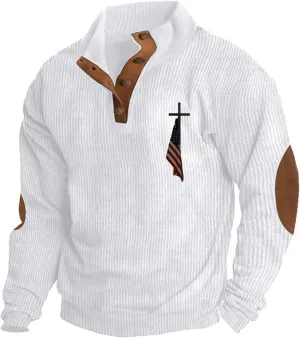 Mens Corduroy Sweatshirt Button Pullover Oversized Hoodies Long Sleeve Sweatshirts American Flag Graphic 2024 Hoodie
