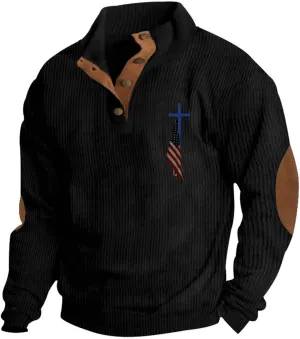 Mens Corduroy Sweatshirt Button Pullover Oversized Hoodies Long Sleeve Sweatshirts American Flag Graphic 2024 Hoodie