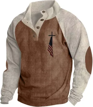 Mens Corduroy Sweatshirt Button Pullover Oversized Hoodies Long Sleeve Sweatshirts American Flag Graphic 2024 Hoodie