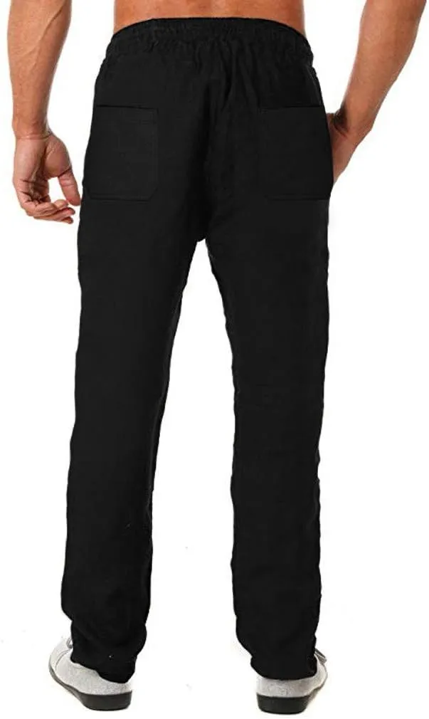 Men's Cotton Linen Pants Casual Elastic Waist Drawstring Pants Comfort Solid Stretch Chino Pants