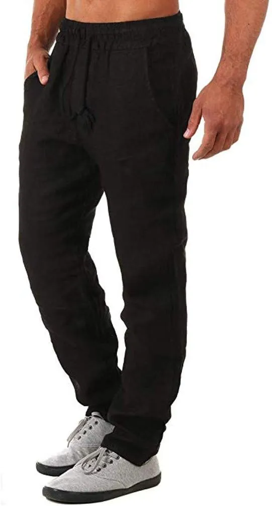 Men's Cotton Linen Pants Casual Elastic Waist Drawstring Pants Comfort Solid Stretch Chino Pants