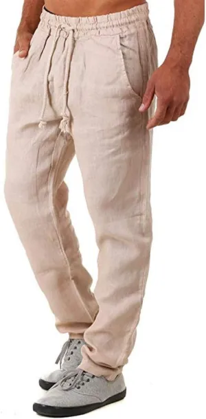 Men's Cotton Linen Pants Casual Elastic Waist Drawstring Pants Comfort Solid Stretch Chino Pants