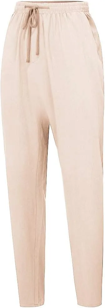 Men's Cotton Linen Pants Casual Elastic Waist Drawstring Pants Comfort Solid Stretch Chino Pants