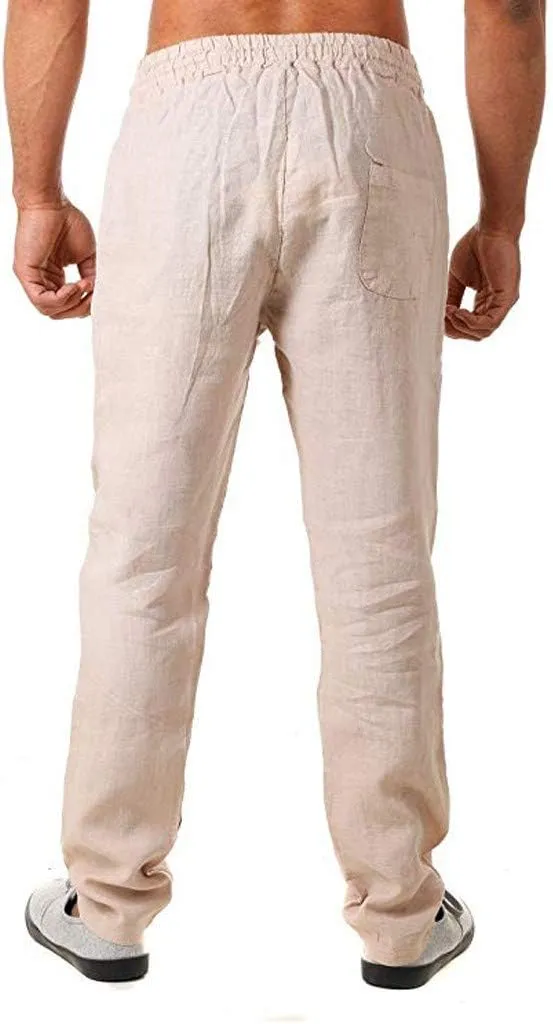Men's Cotton Linen Pants Casual Elastic Waist Drawstring Pants Comfort Solid Stretch Chino Pants