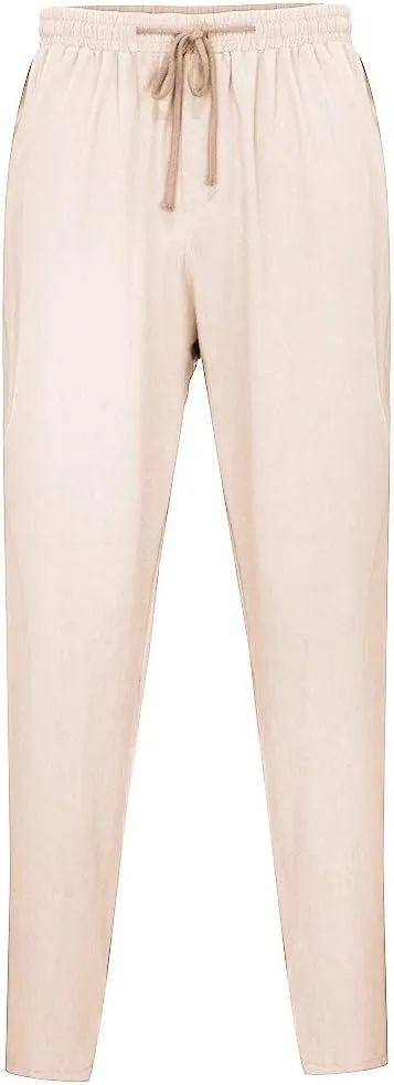 Men's Cotton Linen Pants Casual Elastic Waist Drawstring Pants Comfort Solid Stretch Chino Pants