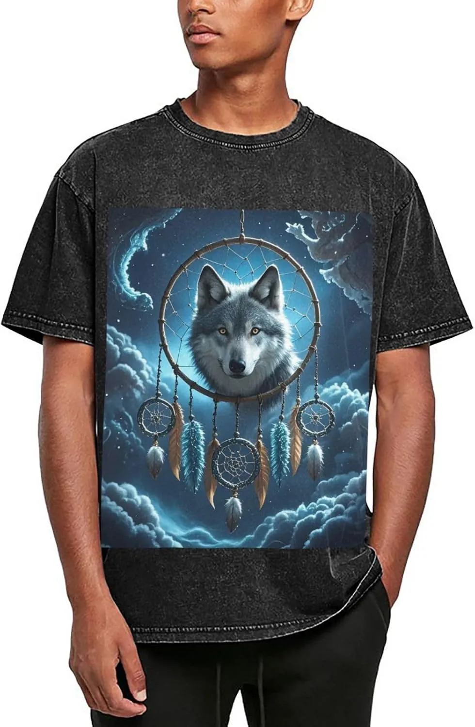 Men's Cotton T-Shirts 3D Wolf Dream Catcher Short Sleeve Vintage T Shirts Casual Loose Fit Retro Tees Tops