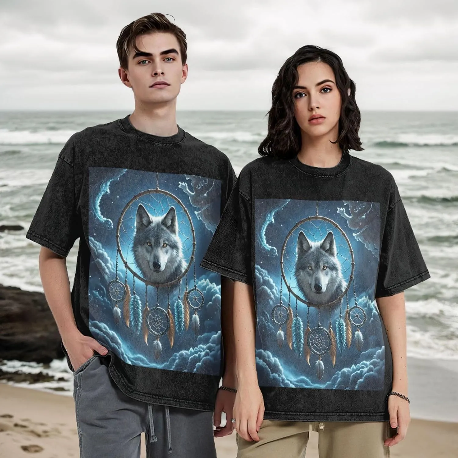 Men's Cotton T-Shirts 3D Wolf Dream Catcher Short Sleeve Vintage T Shirts Casual Loose Fit Retro Tees Tops