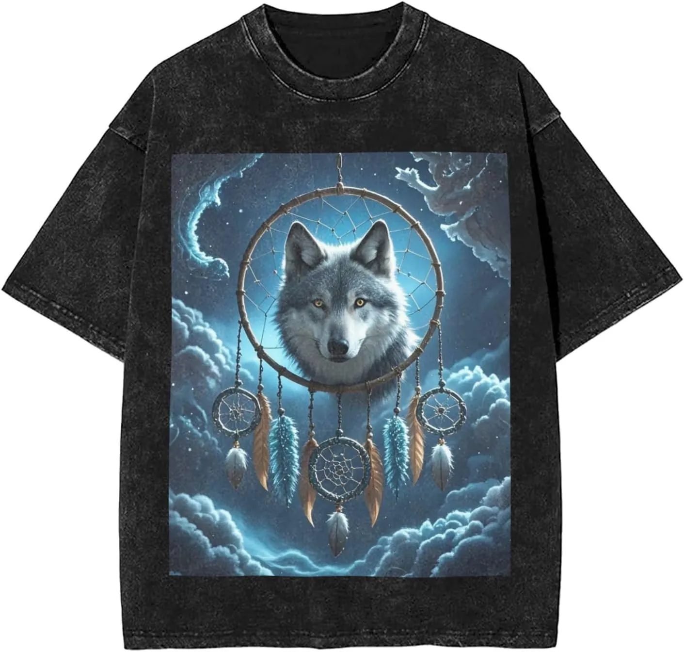 Men's Cotton T-Shirts 3D Wolf Dream Catcher Short Sleeve Vintage T Shirts Casual Loose Fit Retro Tees Tops