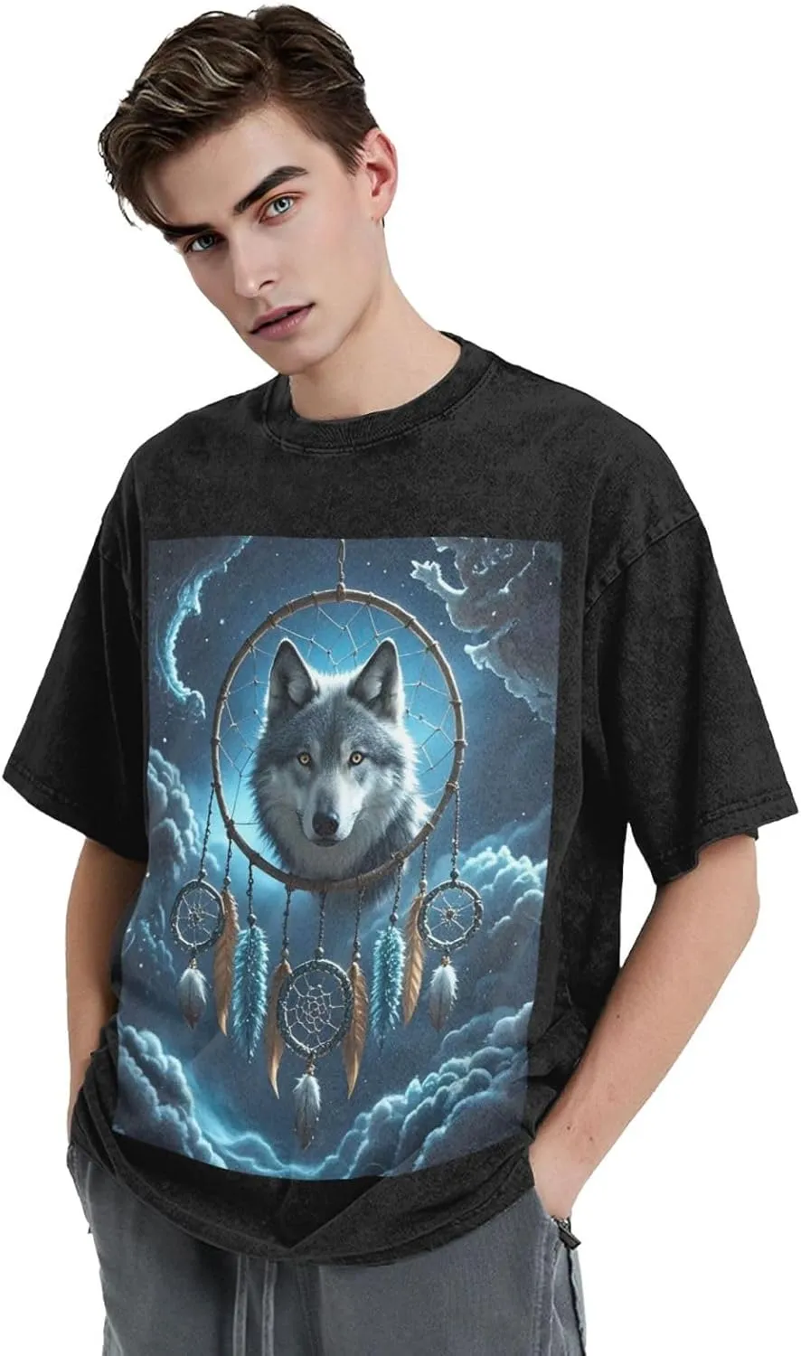 Men's Cotton T-Shirts 3D Wolf Dream Catcher Short Sleeve Vintage T Shirts Casual Loose Fit Retro Tees Tops