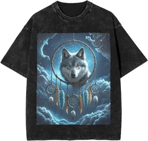 Men's Cotton T-Shirts 3D Wolf Dream Catcher Short Sleeve Vintage T Shirts Casual Loose Fit Retro Tees Tops