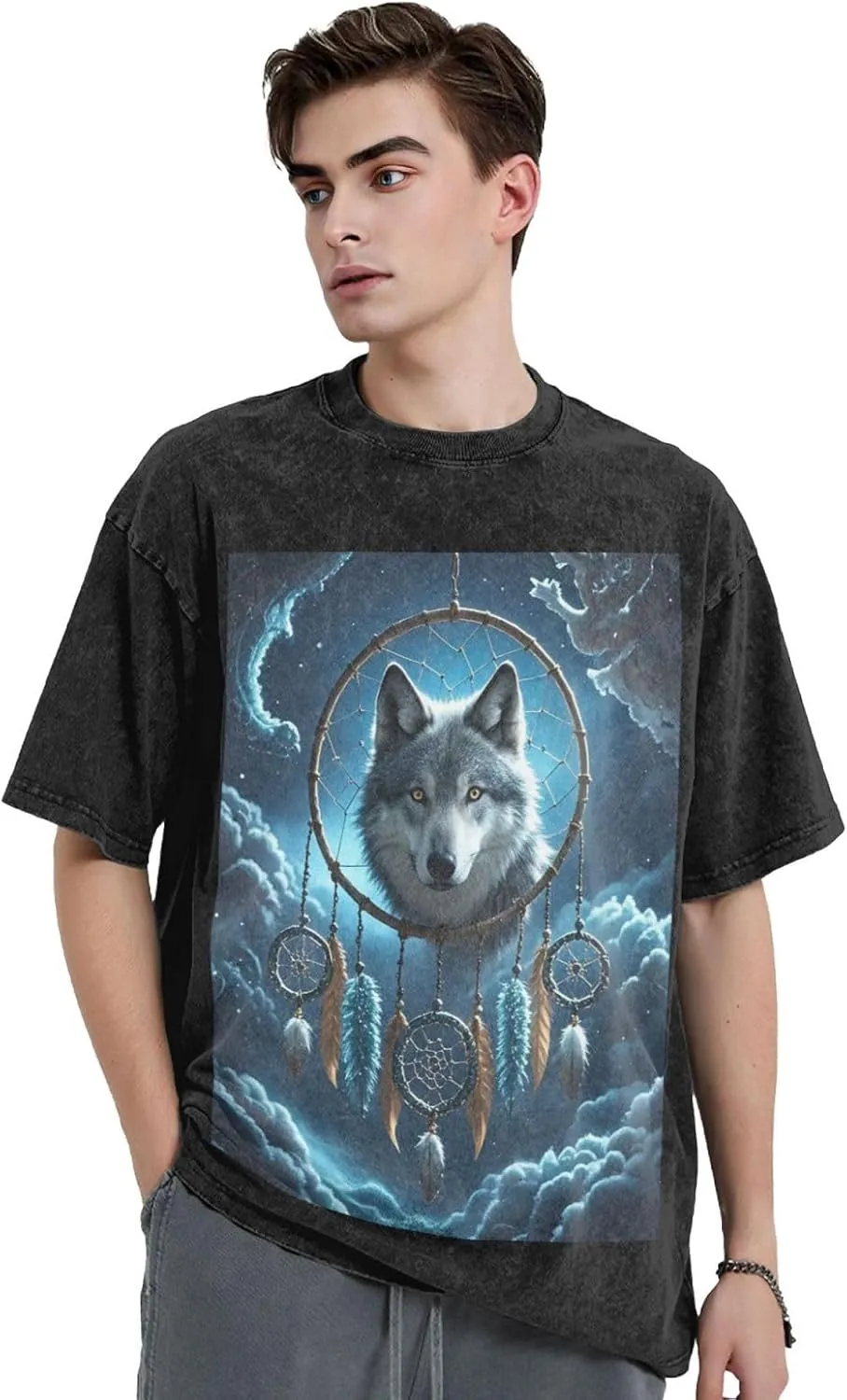 Men's Cotton T-Shirts 3D Wolf Dream Catcher Short Sleeve Vintage T Shirts Casual Loose Fit Retro Tees Tops