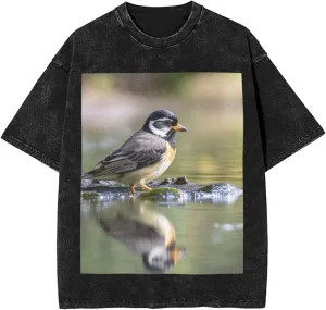 Men's Cotton T-Shirts Bird in The Lake Short Sleeve Vintage T Shirts Casual Loose Fit Retro Tees Tops