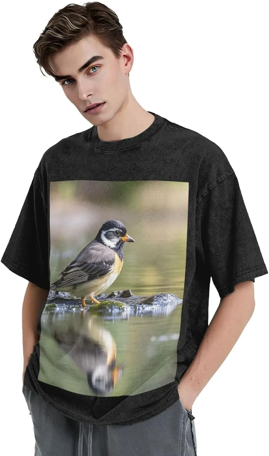 Men's Cotton T-Shirts Bird in The Lake Short Sleeve Vintage T Shirts Casual Loose Fit Retro Tees Tops