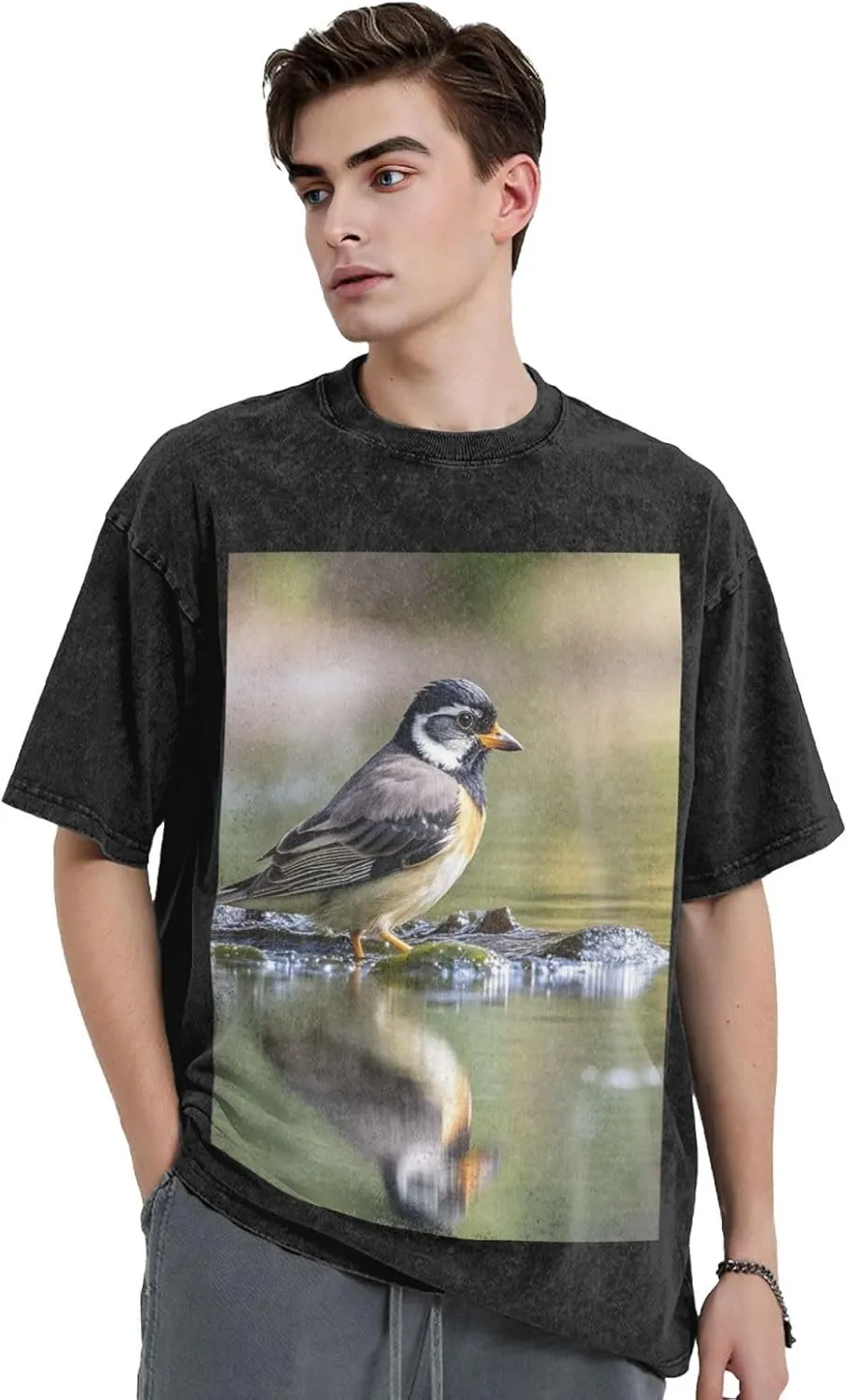 Men's Cotton T-Shirts Bird in The Lake Short Sleeve Vintage T Shirts Casual Loose Fit Retro Tees Tops