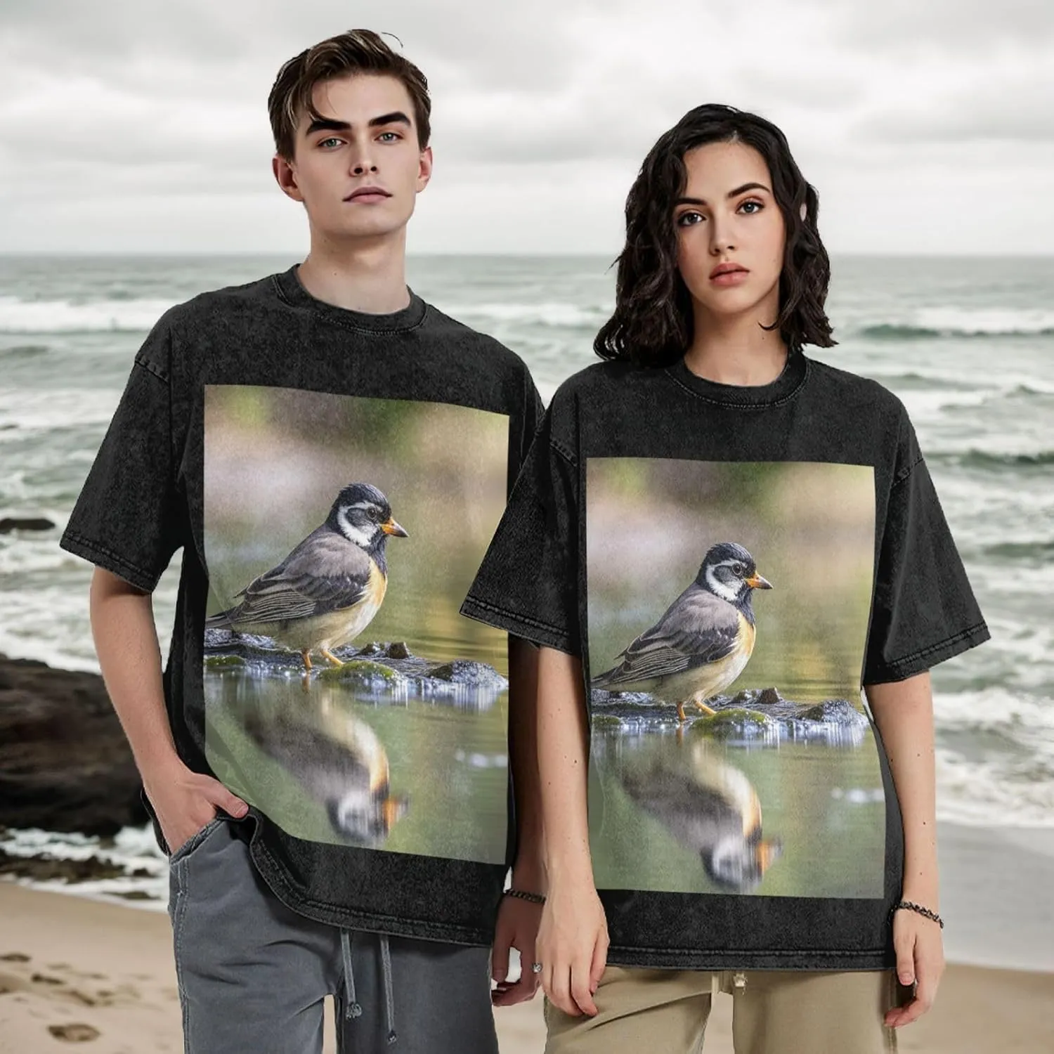 Men's Cotton T-Shirts Bird in The Lake Short Sleeve Vintage T Shirts Casual Loose Fit Retro Tees Tops
