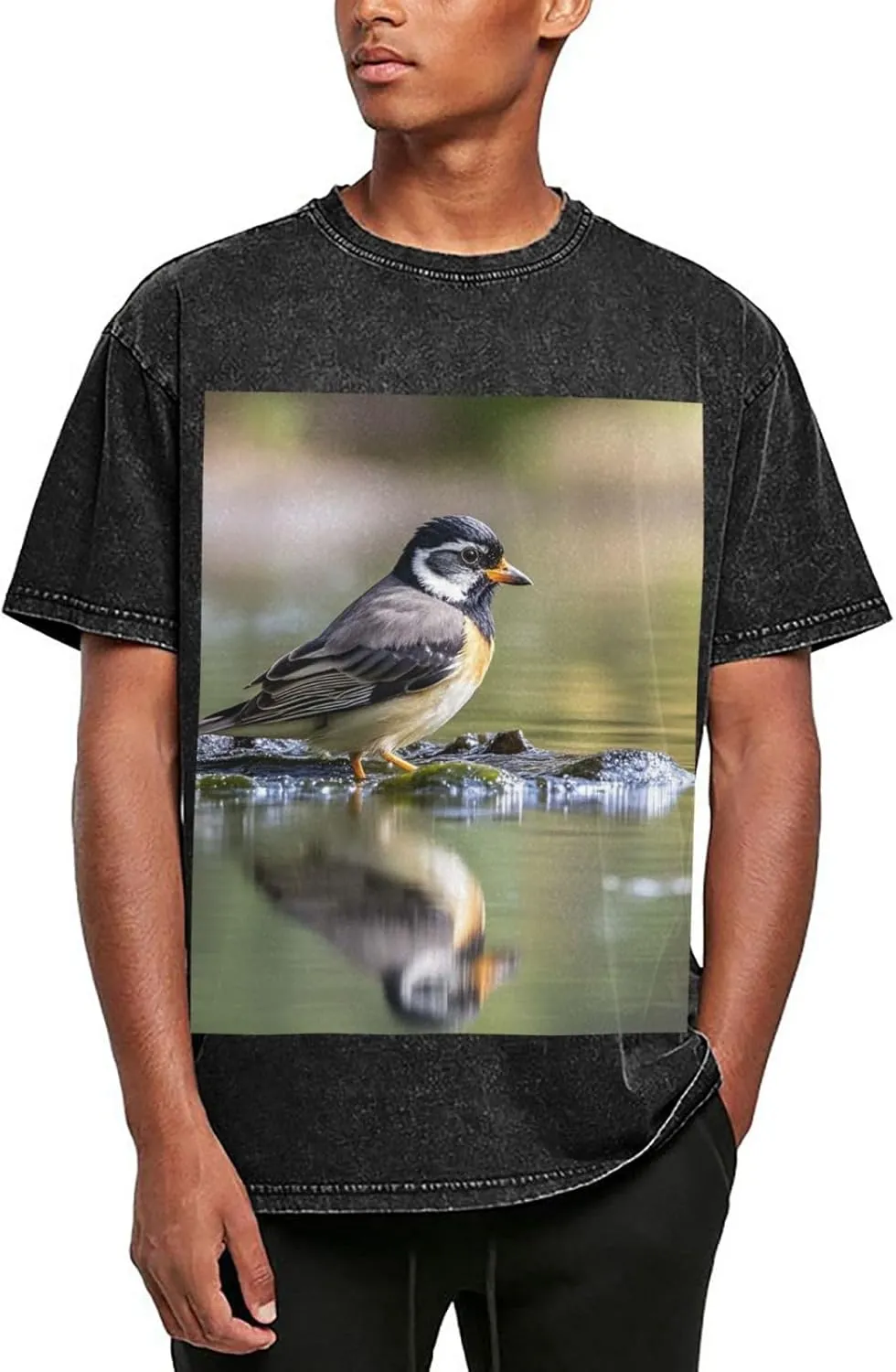 Men's Cotton T-Shirts Bird in The Lake Short Sleeve Vintage T Shirts Casual Loose Fit Retro Tees Tops
