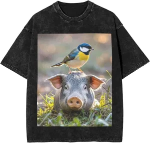 Men's Cotton T-Shirts Bird Standing on Pig's Head Short Sleeve Vintage T Shirts Casual Loose Fit Retro Tees Tops