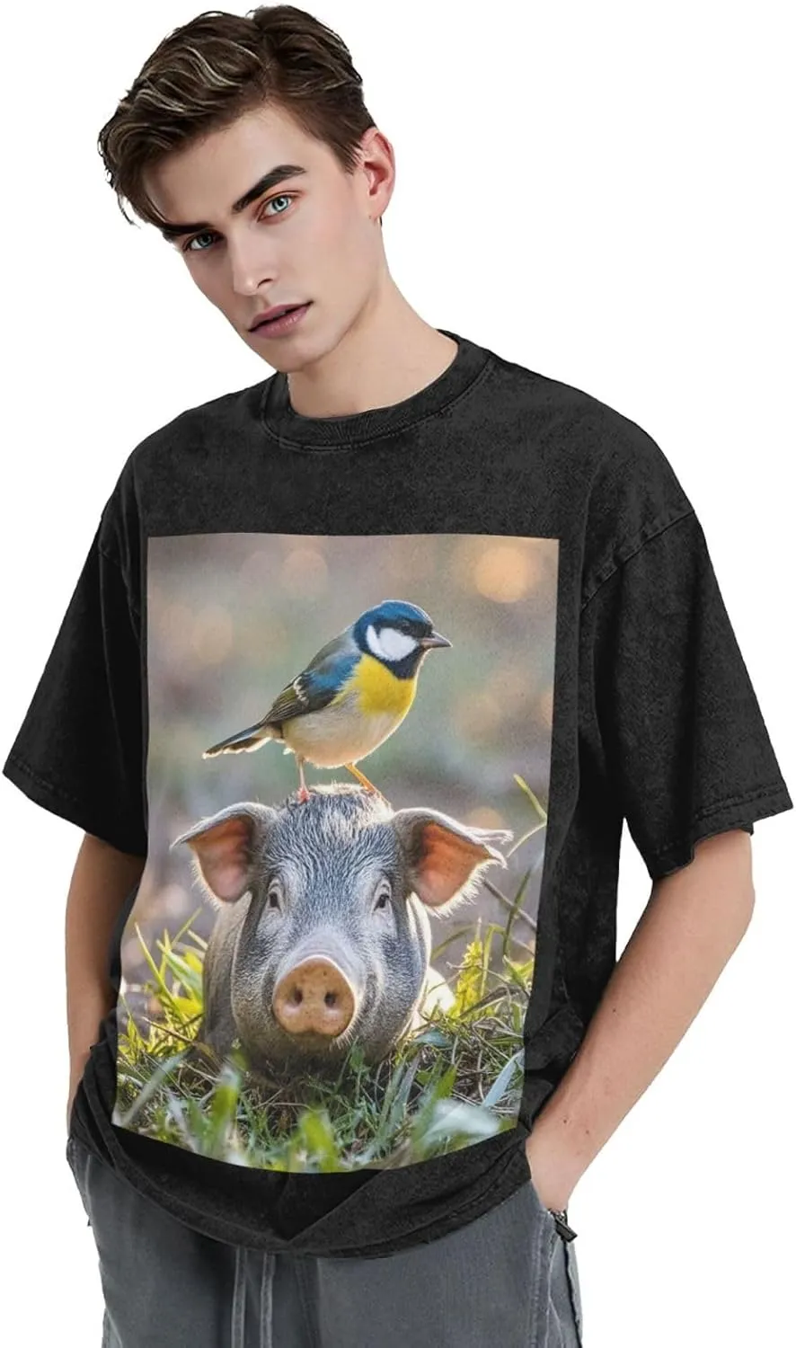 Men's Cotton T-Shirts Bird Standing on Pig's Head Short Sleeve Vintage T Shirts Casual Loose Fit Retro Tees Tops