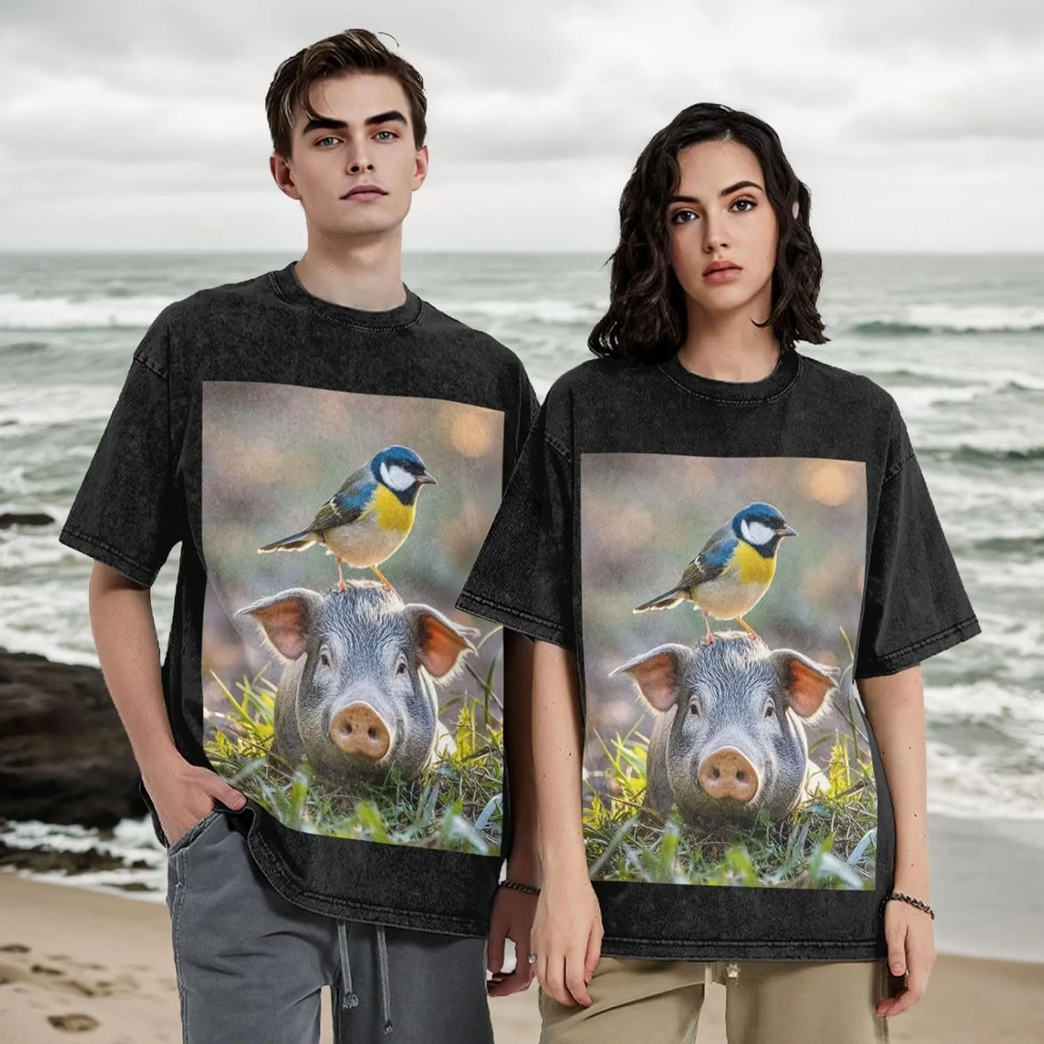 Men's Cotton T-Shirts Bird Standing on Pig's Head Short Sleeve Vintage T Shirts Casual Loose Fit Retro Tees Tops