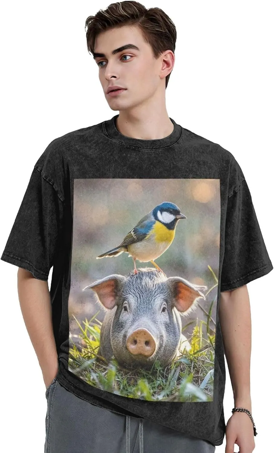 Men's Cotton T-Shirts Bird Standing on Pig's Head Short Sleeve Vintage T Shirts Casual Loose Fit Retro Tees Tops