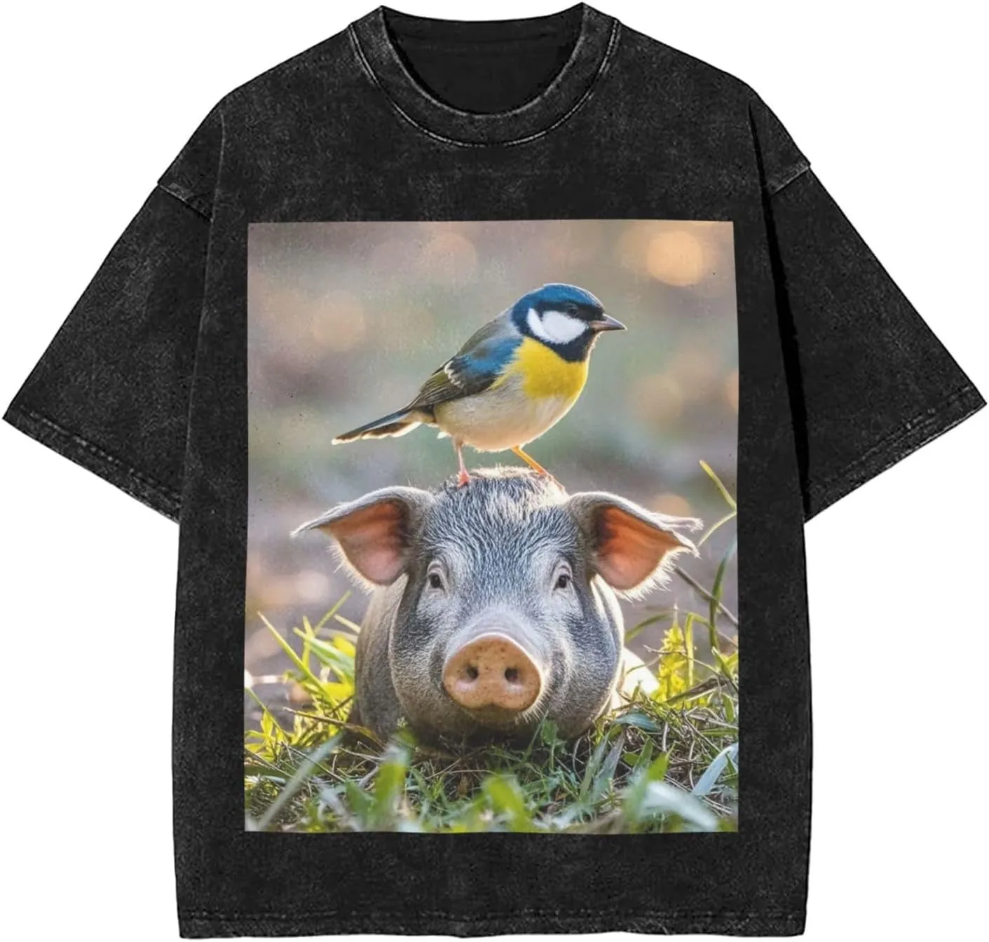 Men's Cotton T-Shirts Bird Standing on Pig's Head Short Sleeve Vintage T Shirts Casual Loose Fit Retro Tees Tops