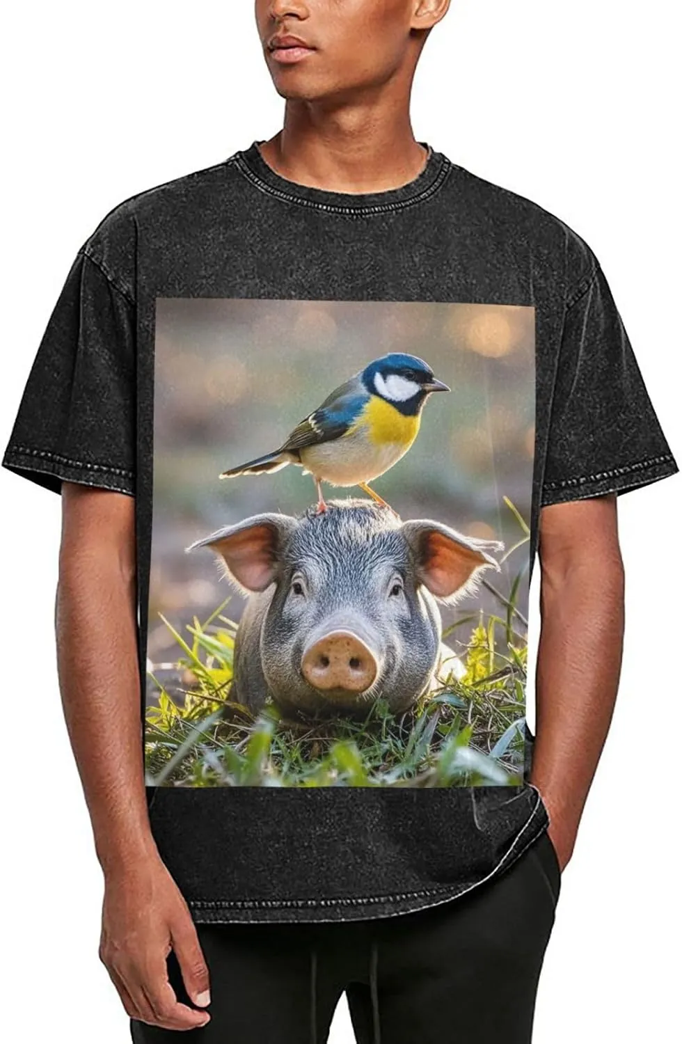 Men's Cotton T-Shirts Bird Standing on Pig's Head Short Sleeve Vintage T Shirts Casual Loose Fit Retro Tees Tops