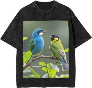 Men's Cotton T-Shirts Birds Nature Green Colors Short Sleeve Vintage T Shirts Casual Loose Fit Retro Tees Tops