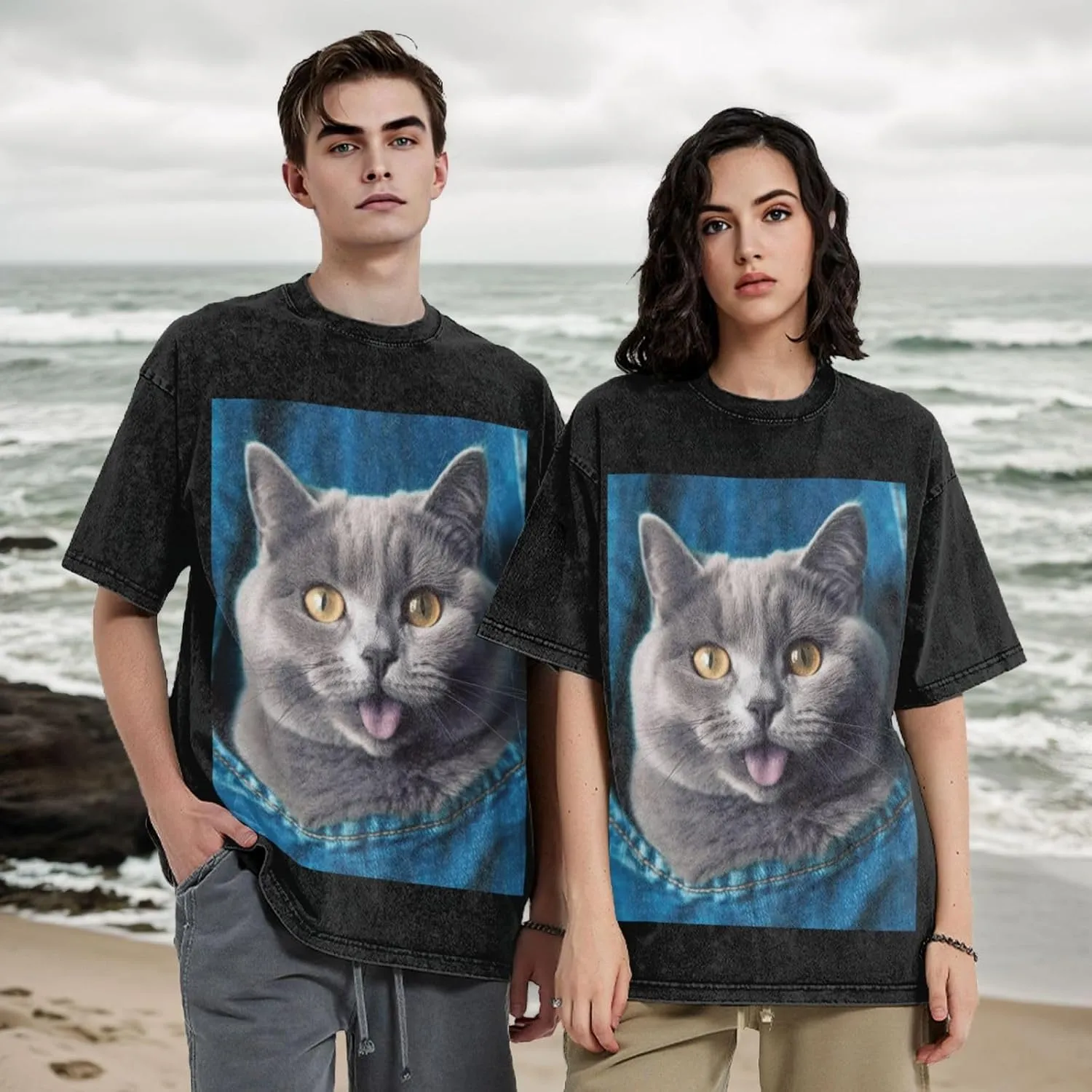 Men's Cotton T-Shirts Blue cat Sticking Out Tongue Short Sleeve Vintage T Shirts Casual Loose Fit Retro Tees Tops
