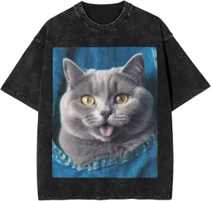 Men's Cotton T-Shirts Blue cat Sticking Out Tongue Short Sleeve Vintage T Shirts Casual Loose Fit Retro Tees Tops