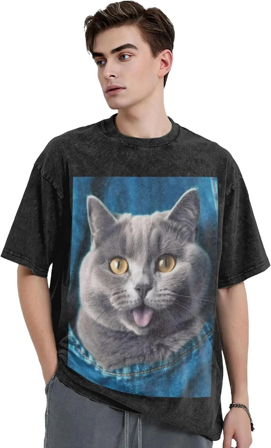 Men's Cotton T-Shirts Blue cat Sticking Out Tongue Short Sleeve Vintage T Shirts Casual Loose Fit Retro Tees Tops