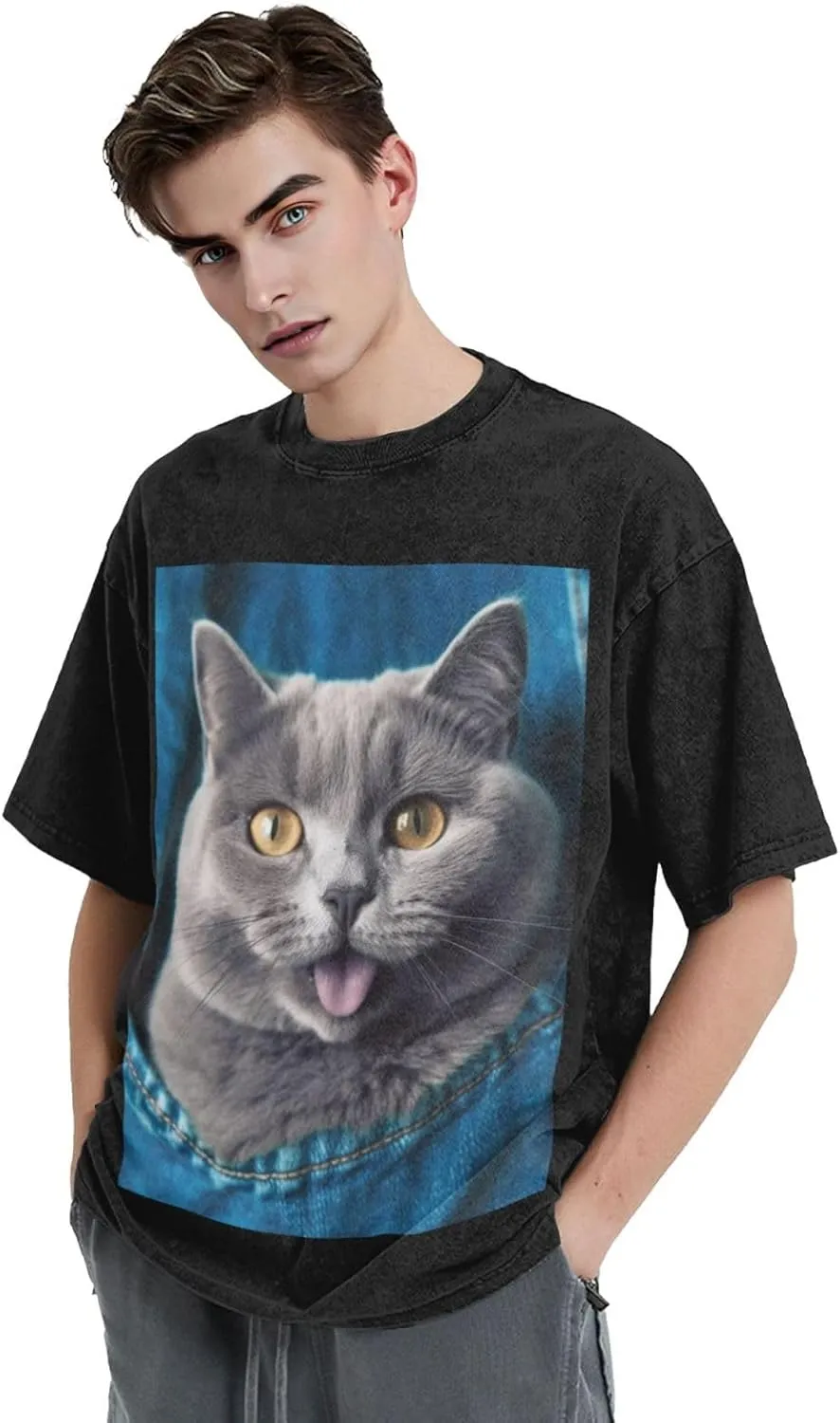 Men's Cotton T-Shirts Blue cat Sticking Out Tongue Short Sleeve Vintage T Shirts Casual Loose Fit Retro Tees Tops