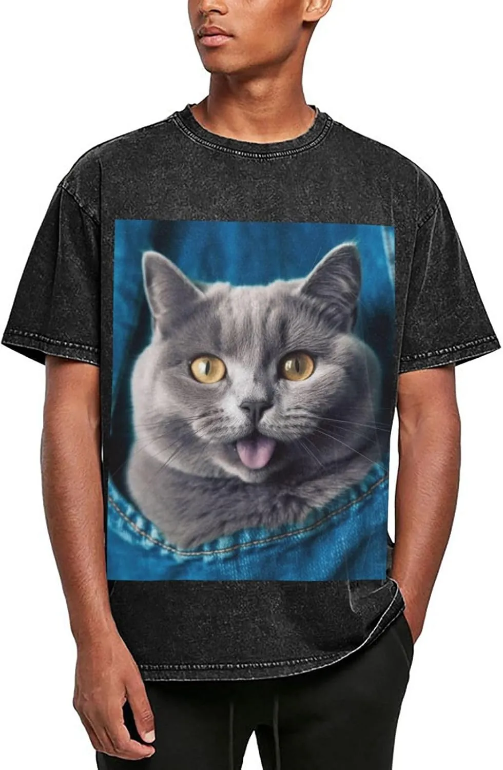Men's Cotton T-Shirts Blue cat Sticking Out Tongue Short Sleeve Vintage T Shirts Casual Loose Fit Retro Tees Tops