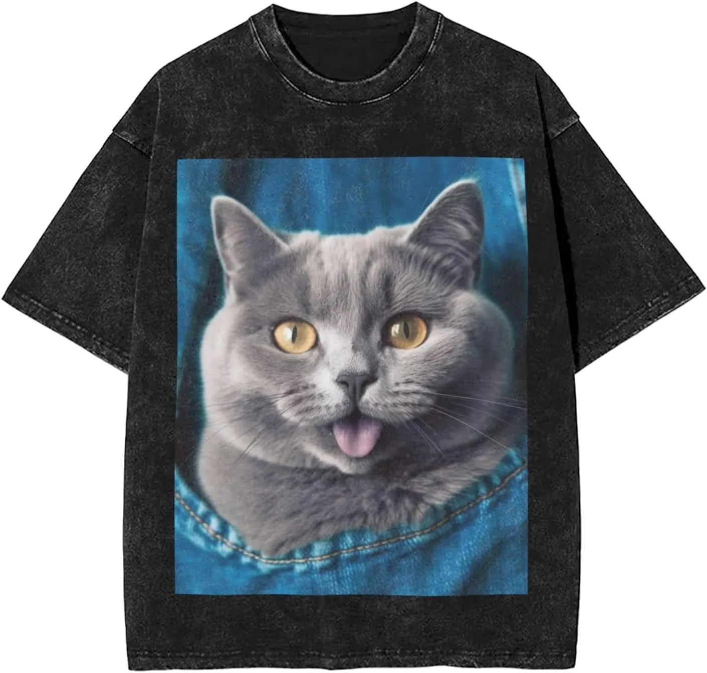 Men's Cotton T-Shirts Blue cat Sticking Out Tongue Short Sleeve Vintage T Shirts Casual Loose Fit Retro Tees Tops
