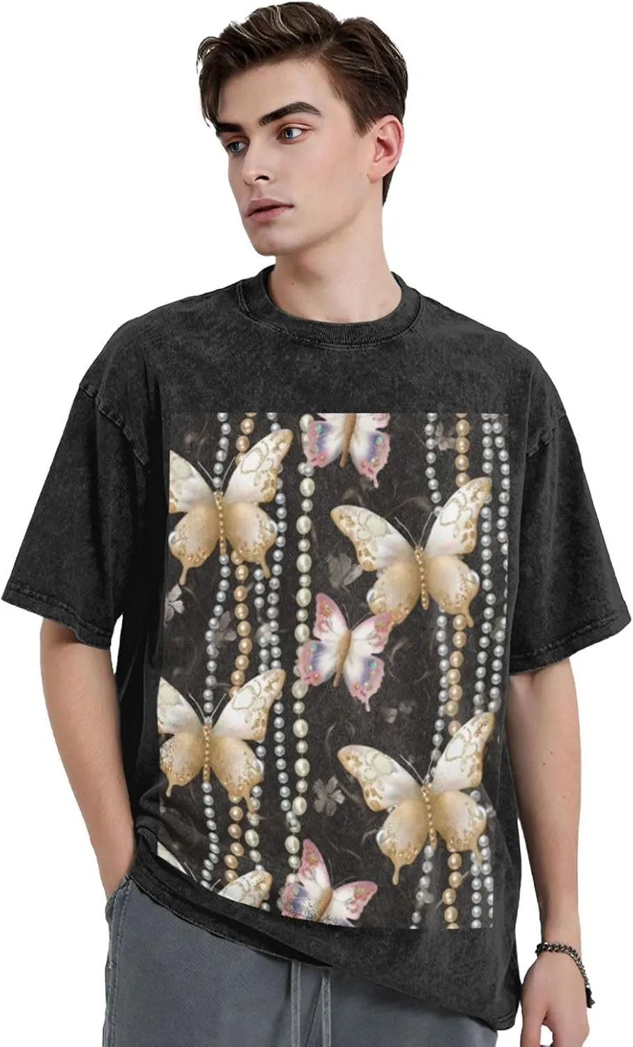 Men's Cotton T-Shirts Butterfly and Pearl Pattern Short Sleeve Vintage T Shirts Casual Loose Fit Retro Tees Tops