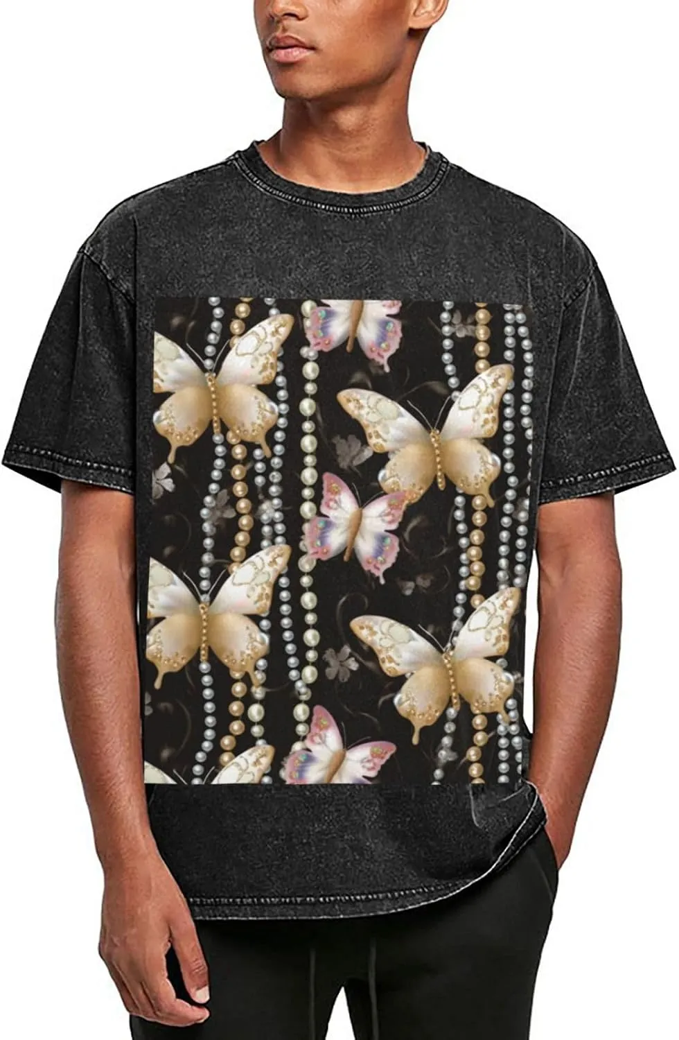 Men's Cotton T-Shirts Butterfly and Pearl Pattern Short Sleeve Vintage T Shirts Casual Loose Fit Retro Tees Tops