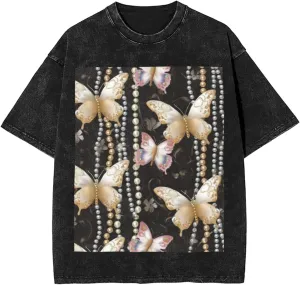 Men's Cotton T-Shirts Butterfly and Pearl Pattern Short Sleeve Vintage T Shirts Casual Loose Fit Retro Tees Tops