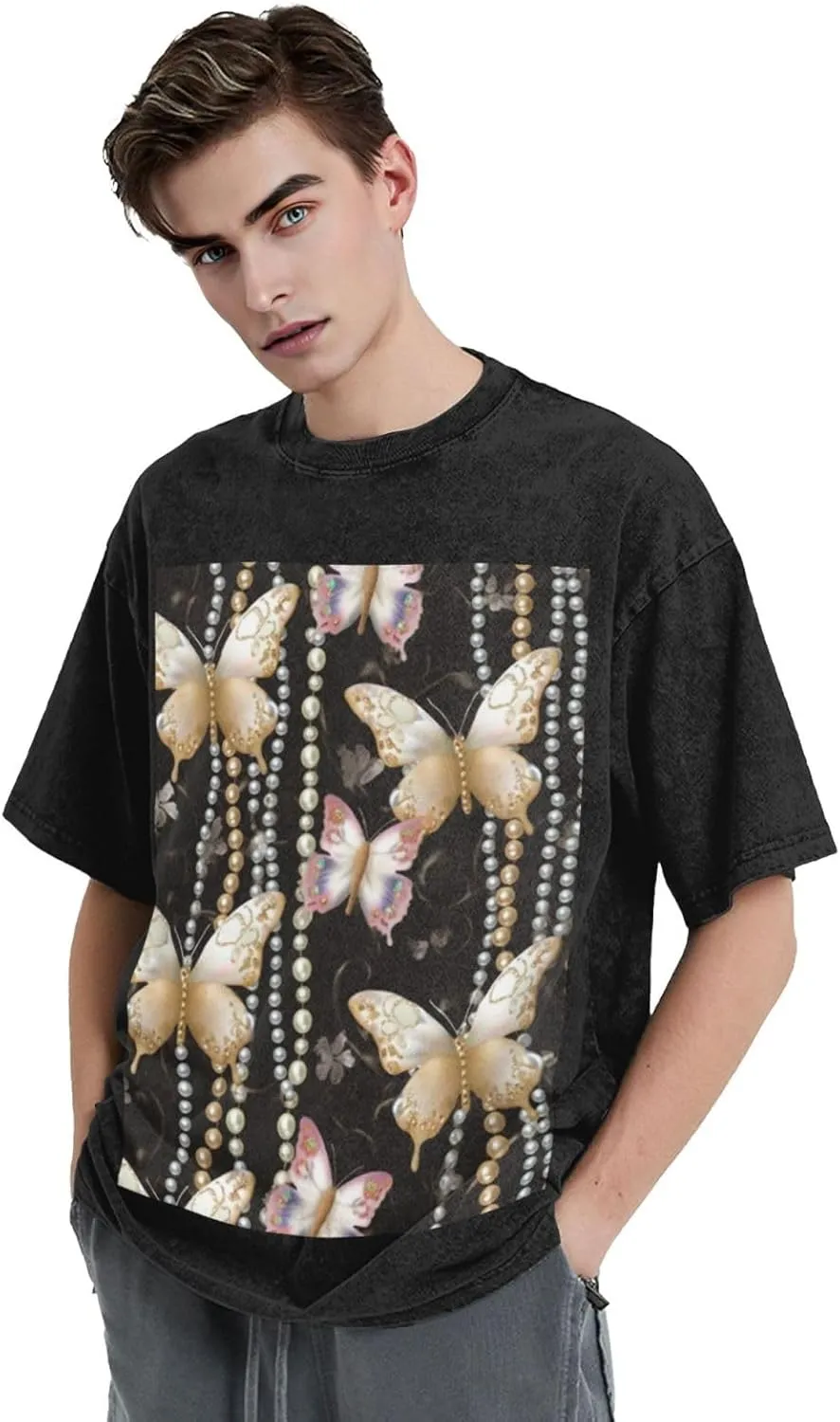 Men's Cotton T-Shirts Butterfly and Pearl Pattern Short Sleeve Vintage T Shirts Casual Loose Fit Retro Tees Tops