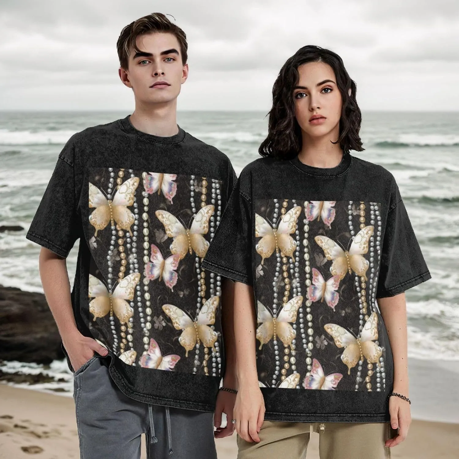 Men's Cotton T-Shirts Butterfly and Pearl Pattern Short Sleeve Vintage T Shirts Casual Loose Fit Retro Tees Tops