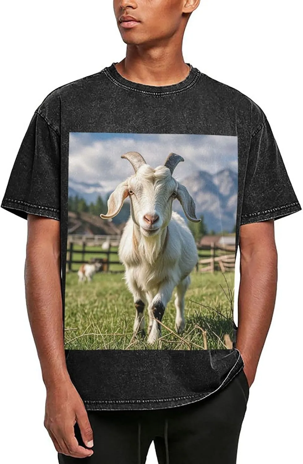 Men's Cotton T-Shirts Farm Animal Goat Short Sleeve Vintage T Shirts Casual Loose Fit Retro Tees Tops