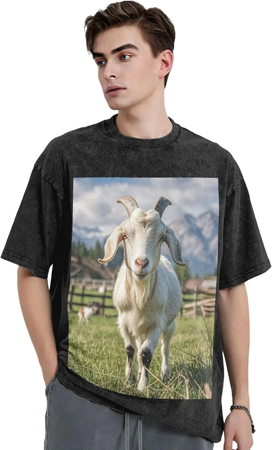 Men's Cotton T-Shirts Farm Animal Goat Short Sleeve Vintage T Shirts Casual Loose Fit Retro Tees Tops