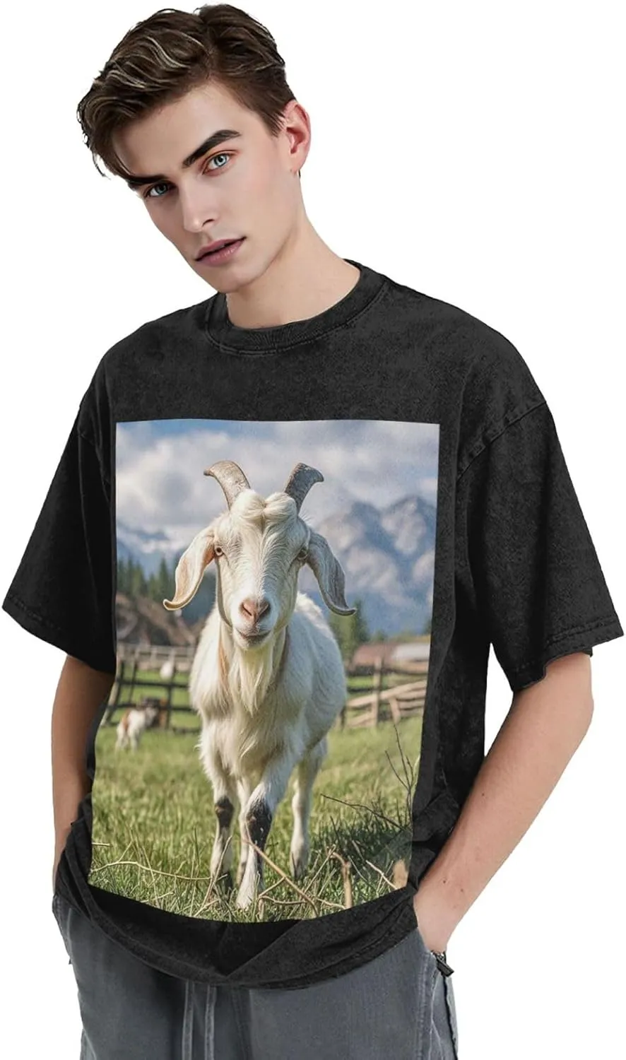 Men's Cotton T-Shirts Farm Animal Goat Short Sleeve Vintage T Shirts Casual Loose Fit Retro Tees Tops