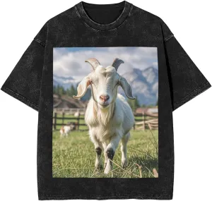 Men's Cotton T-Shirts Farm Animal Goat Short Sleeve Vintage T Shirts Casual Loose Fit Retro Tees Tops
