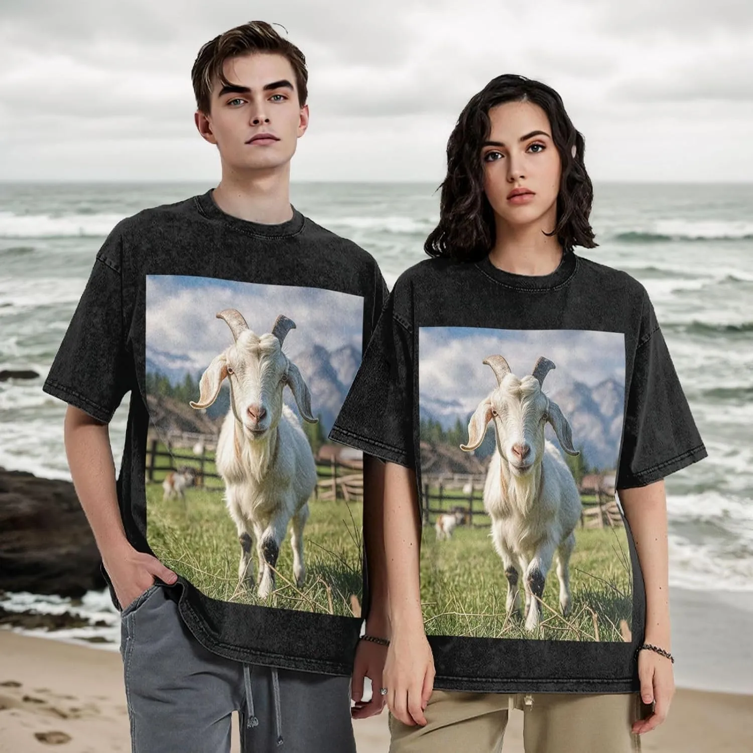 Men's Cotton T-Shirts Farm Animal Goat Short Sleeve Vintage T Shirts Casual Loose Fit Retro Tees Tops