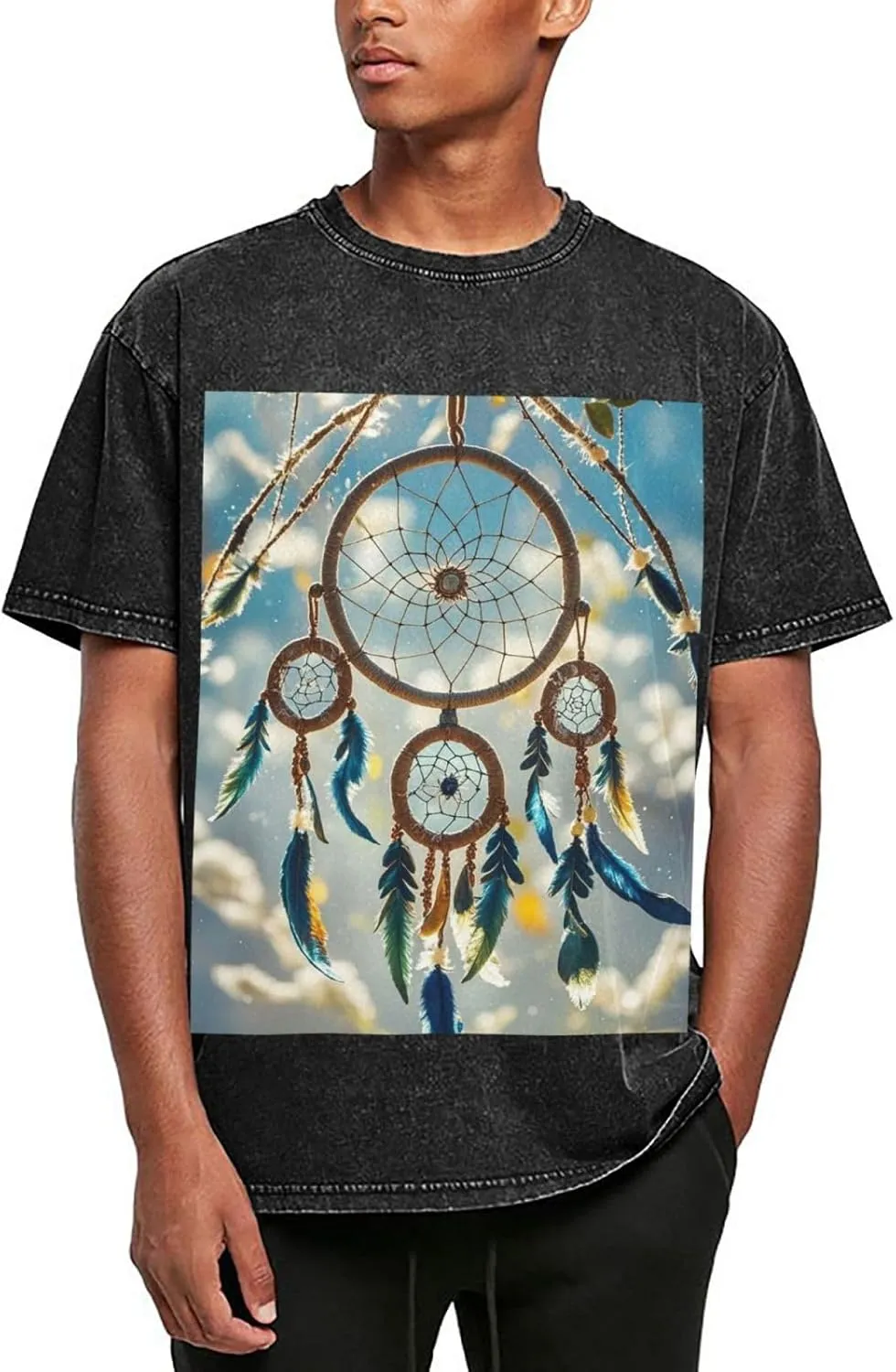 Men's Cotton T-Shirts Native American Dream Catcher Short Sleeve Vintage T Shirts Casual Loose Fit Retro Tees Tops
